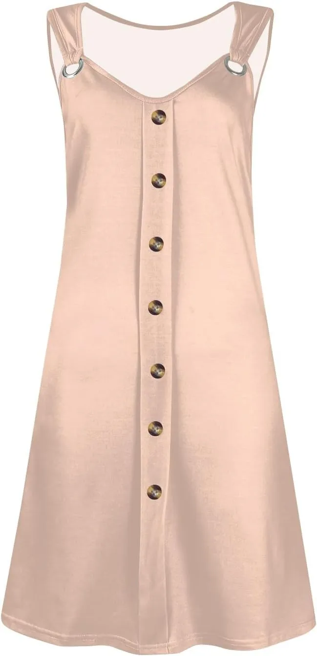 Sun Dresses for Women 2025 Summer Midi Buttons Sleeveless Dress V Neck Slip Glam Beach Tank Dress with Pocket