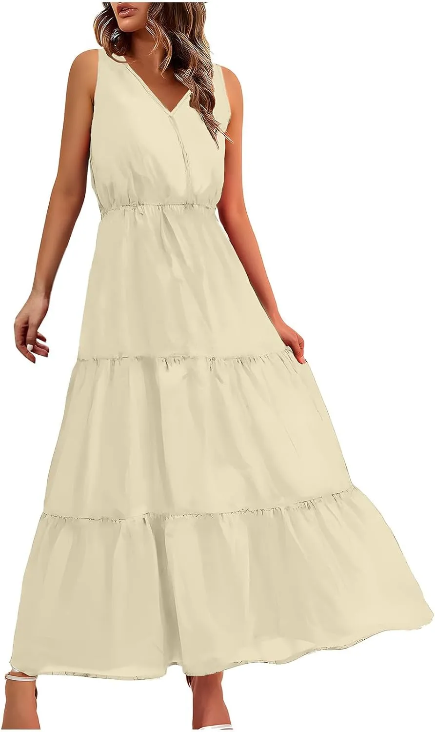 TANGNADE Women Summer Dresses Casual Sleeveless Maxi Dresses V Neck Cute Long Dress Wedding Guest Dress
