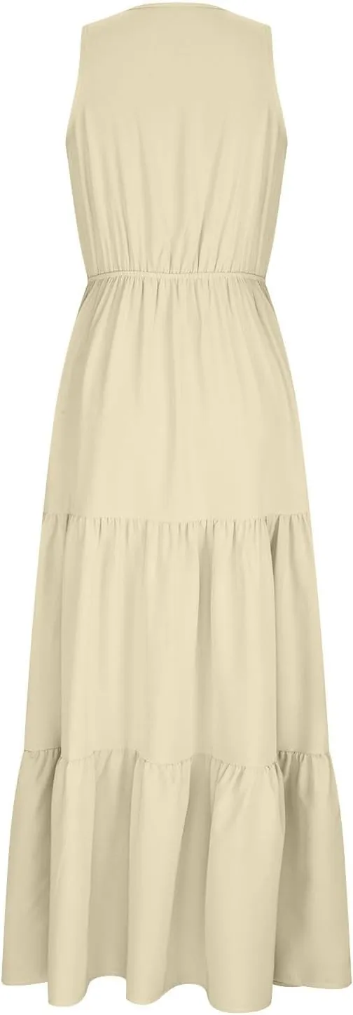 TANGNADE Women Summer Dresses Casual Sleeveless Maxi Dresses V Neck Cute Long Dress Wedding Guest Dress