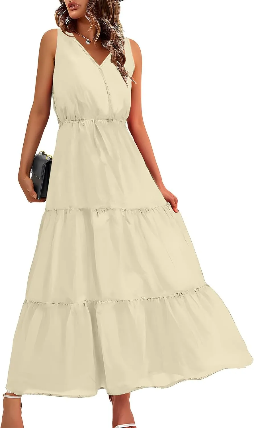 TANGNADE Women Summer Dresses Casual Sleeveless Maxi Dresses V Neck Cute Long Dress Wedding Guest Dress
