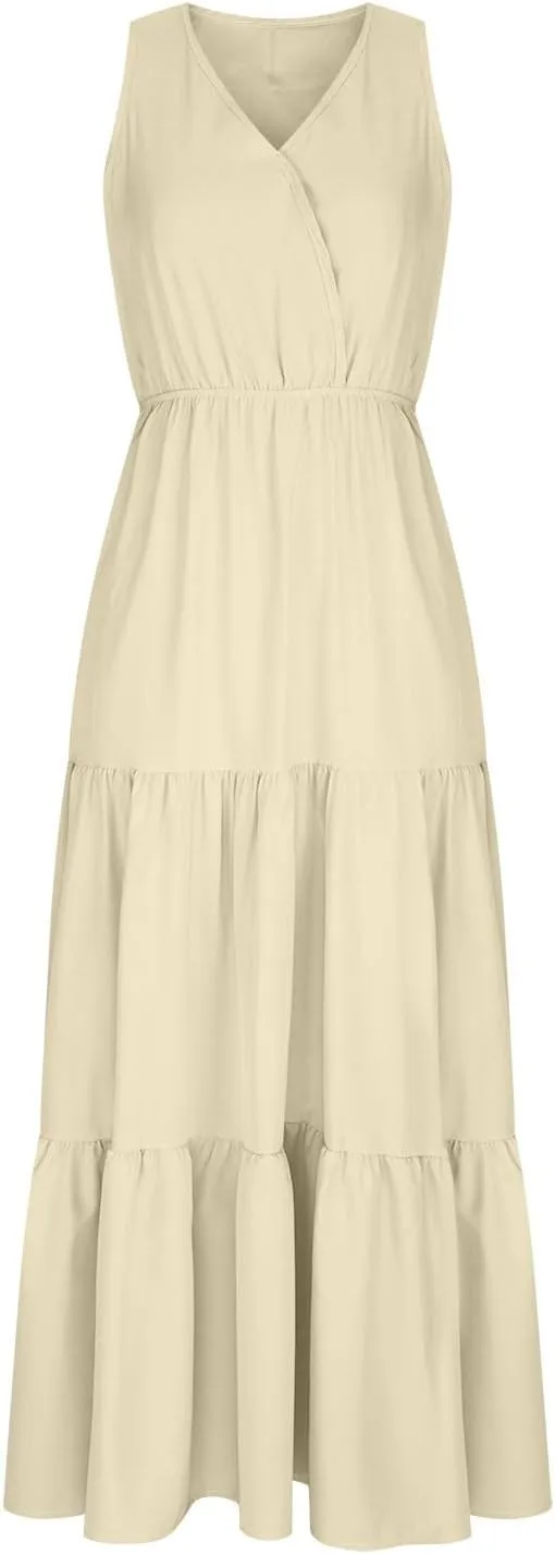 TANGNADE Women Summer Dresses Casual Sleeveless Maxi Dresses V Neck Cute Long Dress Wedding Guest Dress