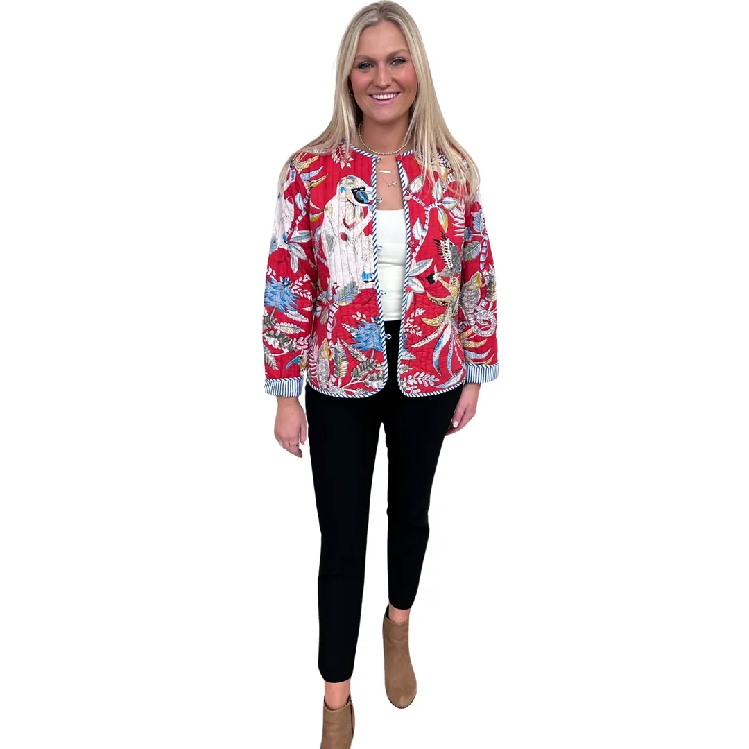 The Madeline Reversible Quilted Jacket in Scarlett Monkey Hand-Blocked Floral