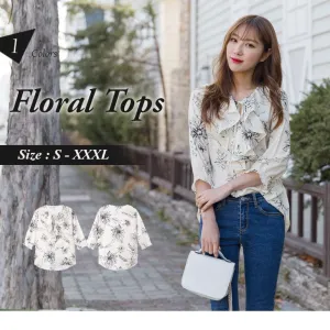 TIE-NECK RUFFLE FLORAL TOPS