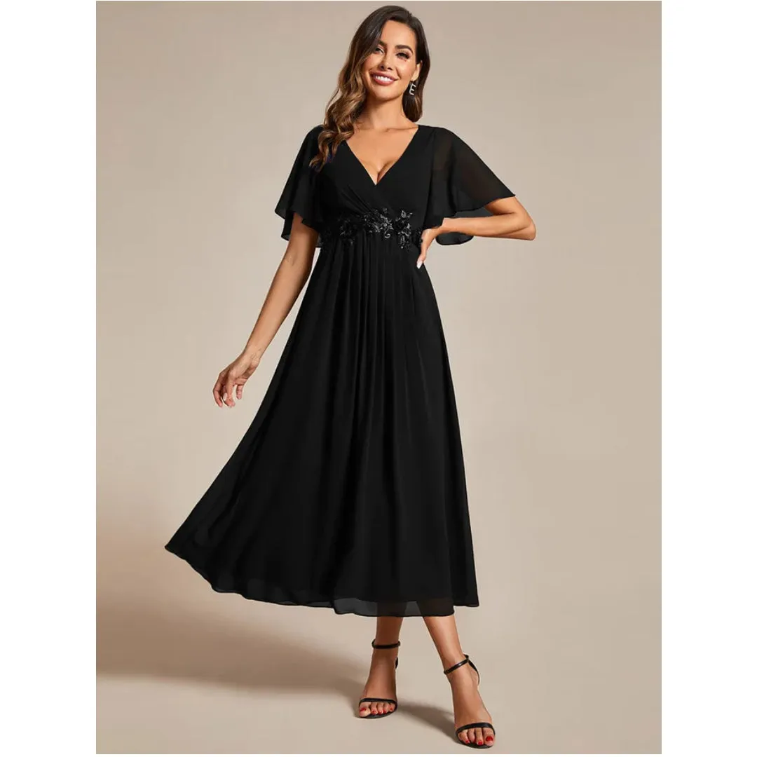 V Neck Chiffon Midi Dress with Waist Applique