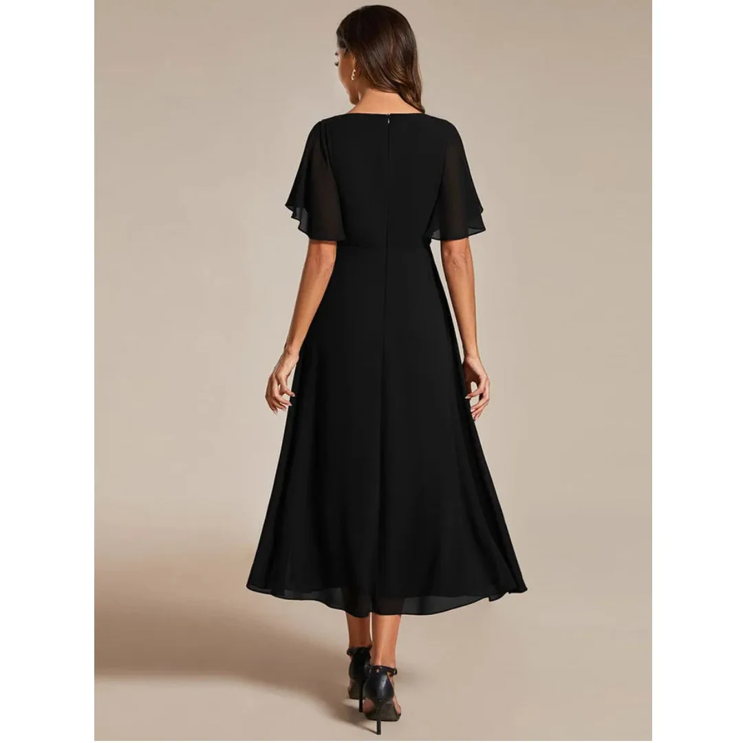 V Neck Chiffon Midi Dress with Waist Applique