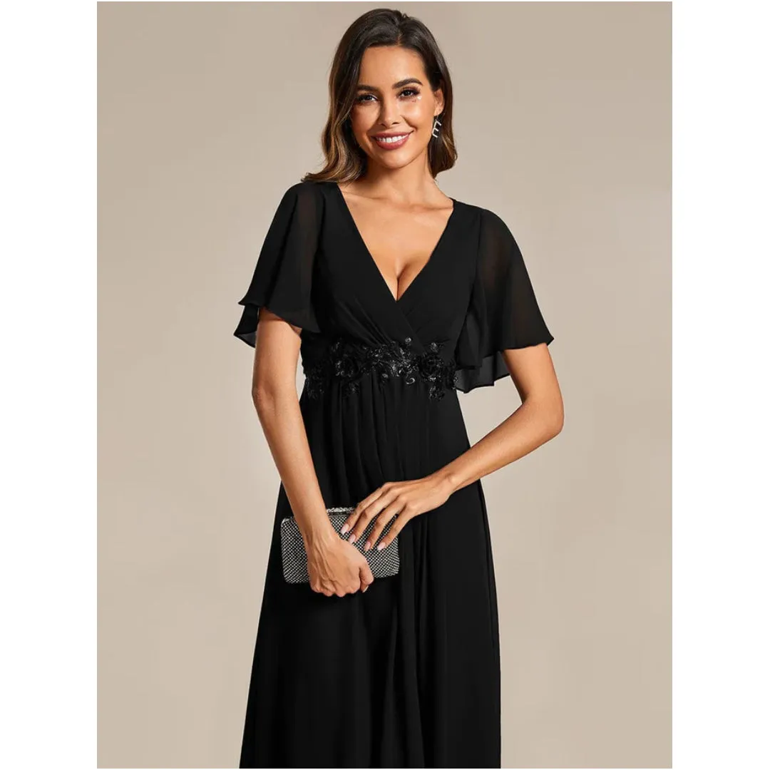 V Neck Chiffon Midi Dress with Waist Applique