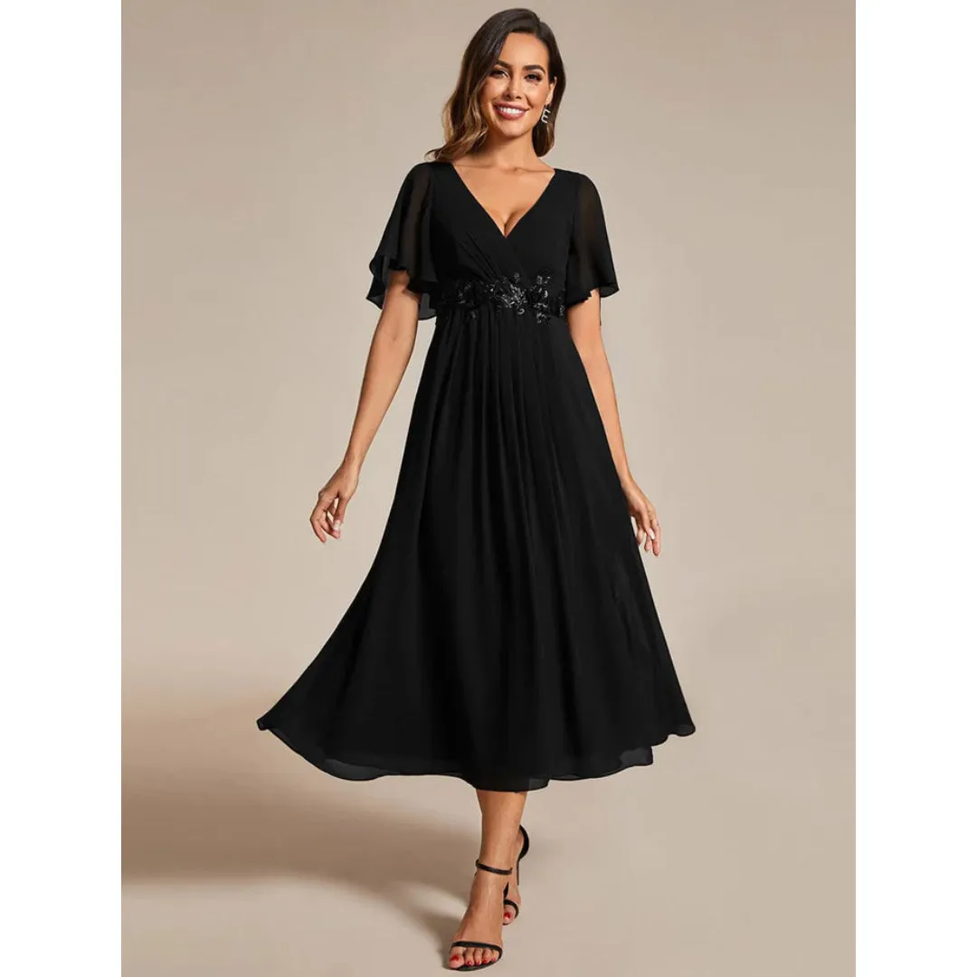 V Neck Chiffon Midi Dress with Waist Applique