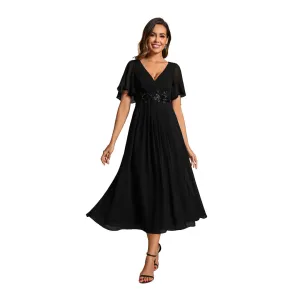 V Neck Chiffon Midi Dress with Waist Applique
