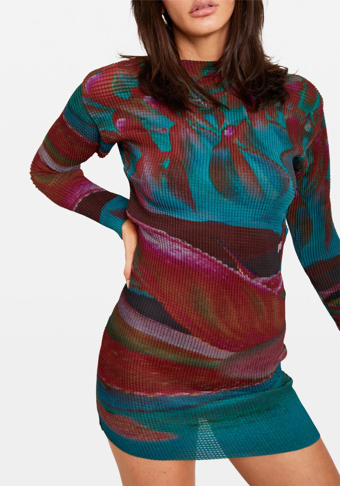 WAFFLE PLEAT MINI DRESS WARATAH