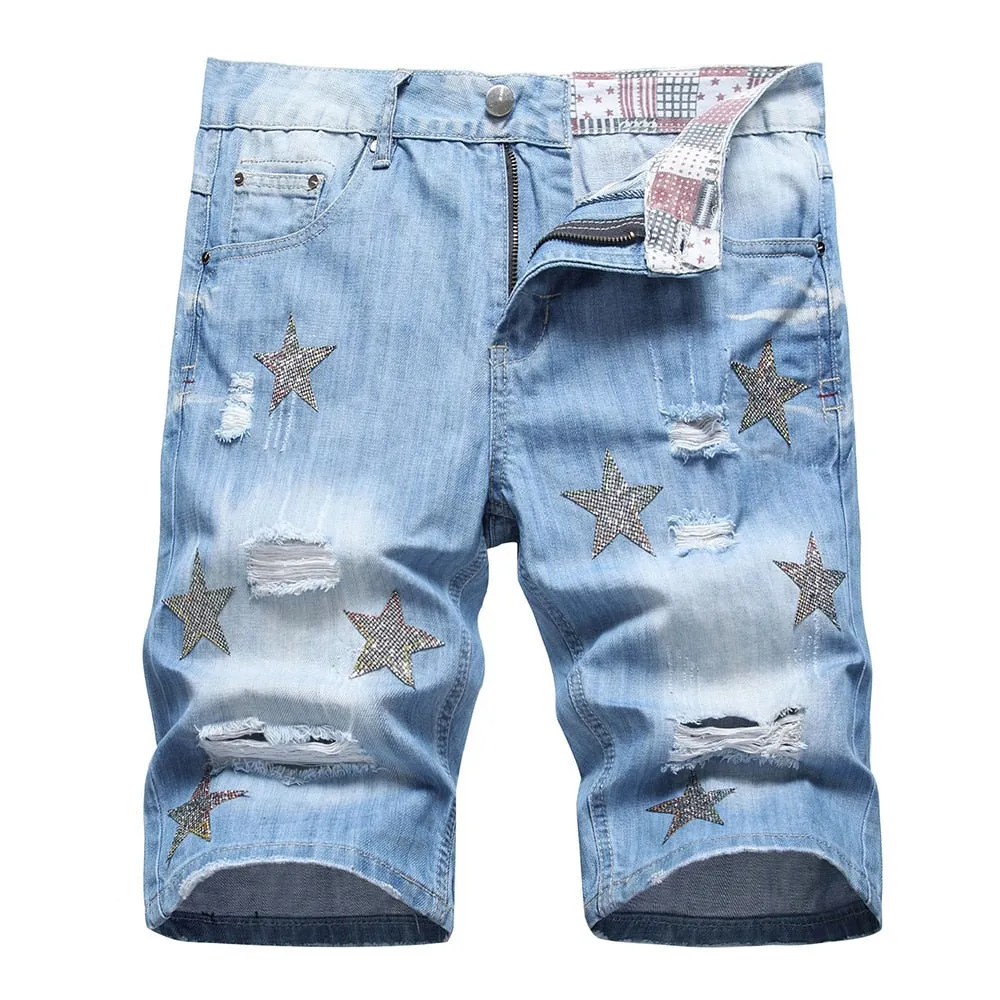 West Louis Crystal Patch Star & Holes Jeans Short
