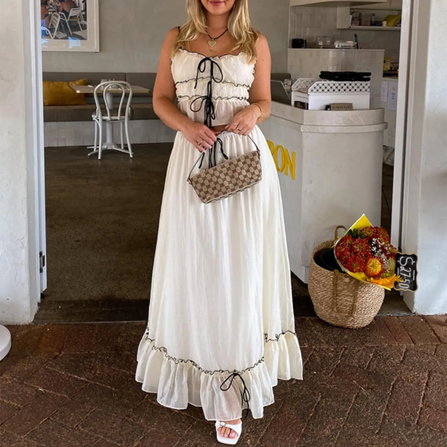 Women 2 Piece Maxi Skirt Set Front Tie-Up Camisoles Tank Top and Ruffle Maxi Dress Summer Two Piece Outfits