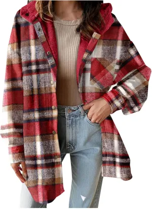 Women Wool Blend Trench Coat Plaid Trench Coat Fleece Sherpa Lined Shacket Jacket Hooded Oversized Color Block Hoodie