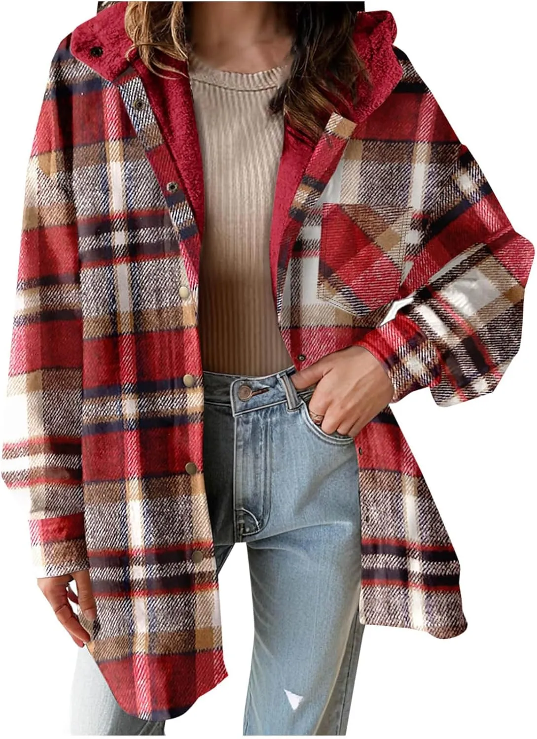 Women Wool Blend Trench Coat Plaid Trench Coat Fleece Sherpa Lined Shacket Jacket Hooded Oversized Color Block Hoodie