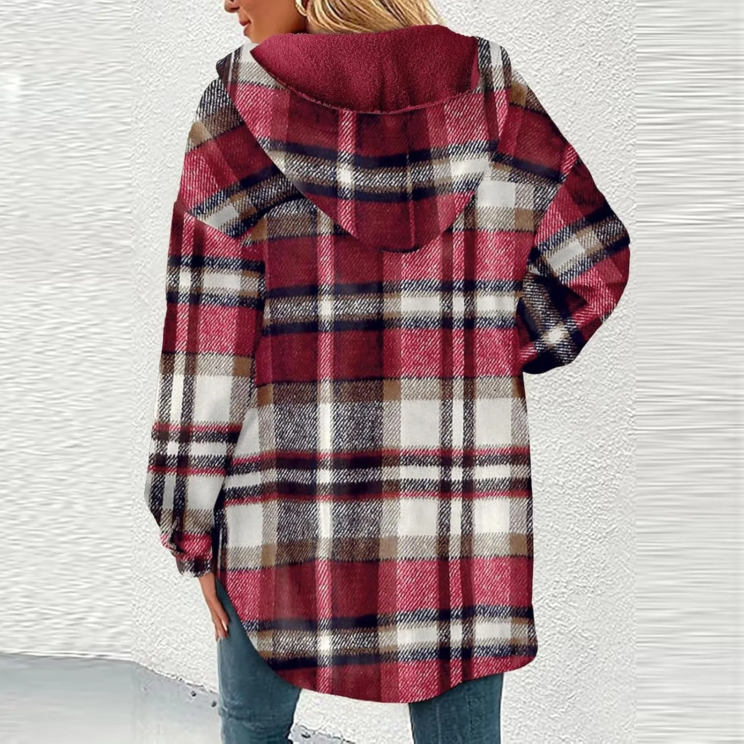 Women Wool Blend Trench Coat Plaid Trench Coat Fleece Sherpa Lined Shacket Jacket Hooded Oversized Color Block Hoodie