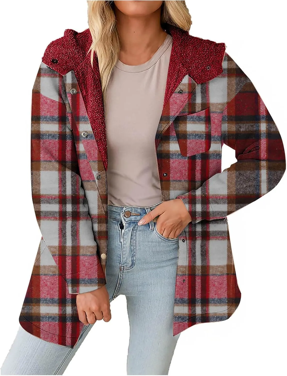 Women Wool Blend Trench Coat Plaid Trench Coat Fleece Sherpa Lined Shacket Jacket Hooded Oversized Color Block Hoodie