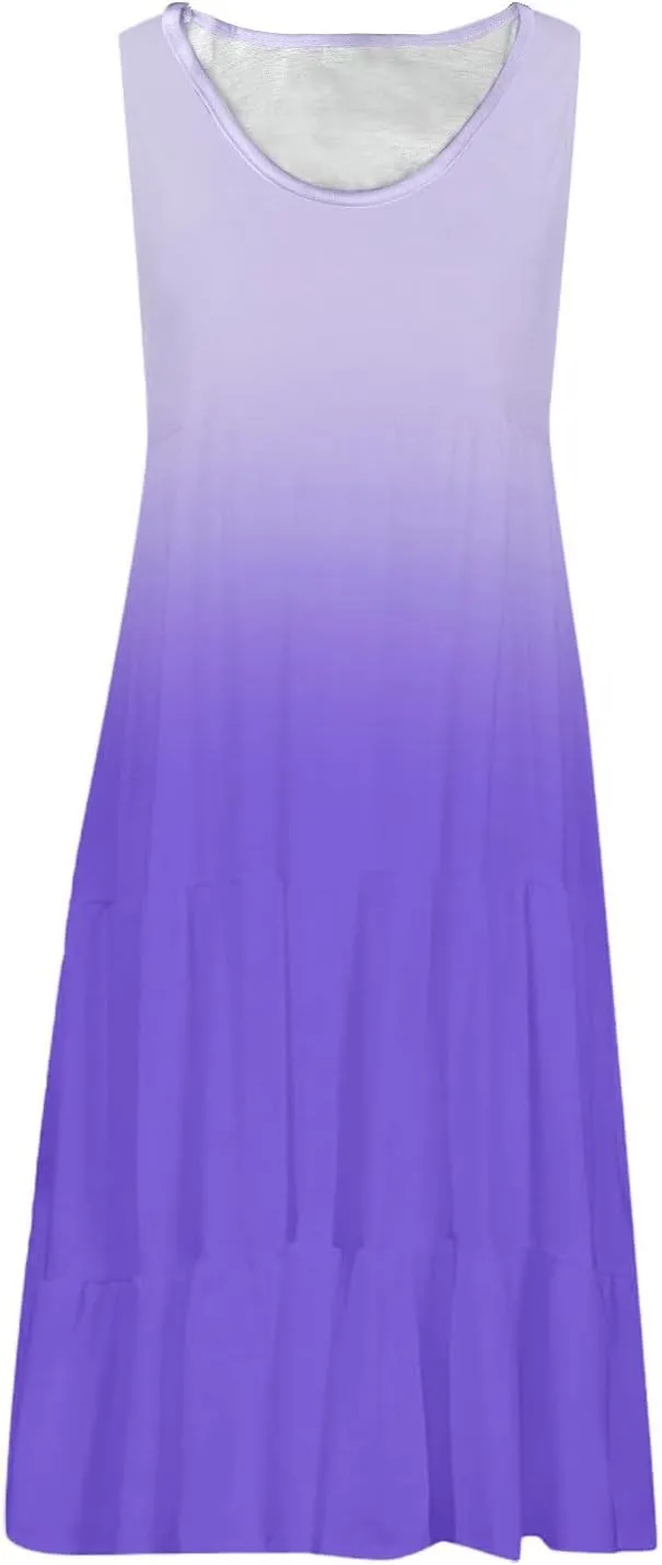 Womens Casual Dresses 2024 Loose Crew Neck Sleeveless Midi Beach Tank Dress Trendy Tie Dye Gradient Color Sundress