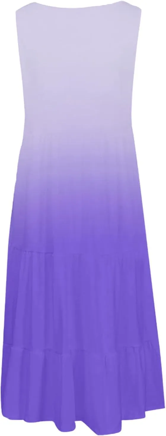 Womens Casual Dresses 2024 Loose Crew Neck Sleeveless Midi Beach Tank Dress Trendy Tie Dye Gradient Color Sundress
