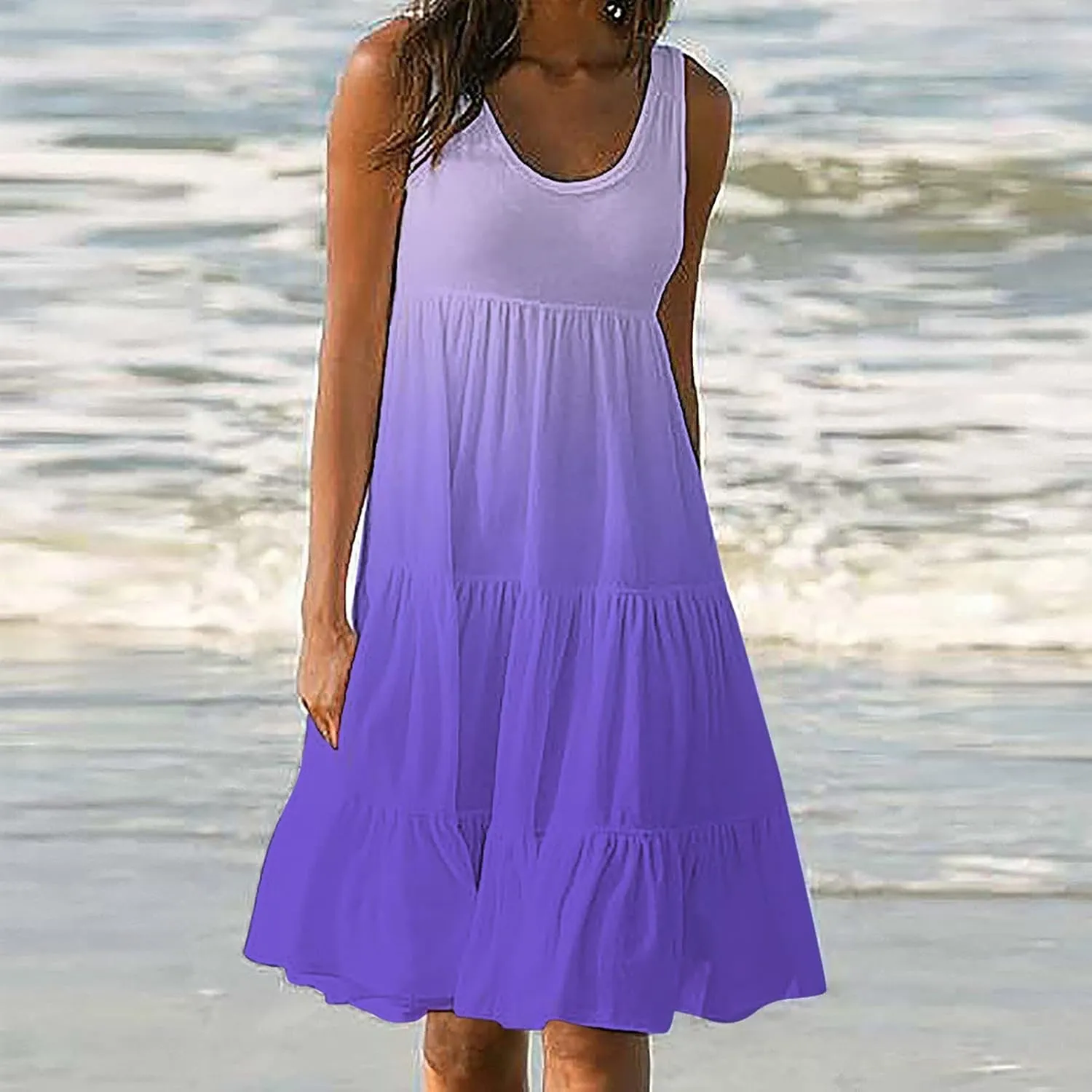 Womens Casual Dresses 2024 Loose Crew Neck Sleeveless Midi Beach Tank Dress Trendy Tie Dye Gradient Color Sundress
