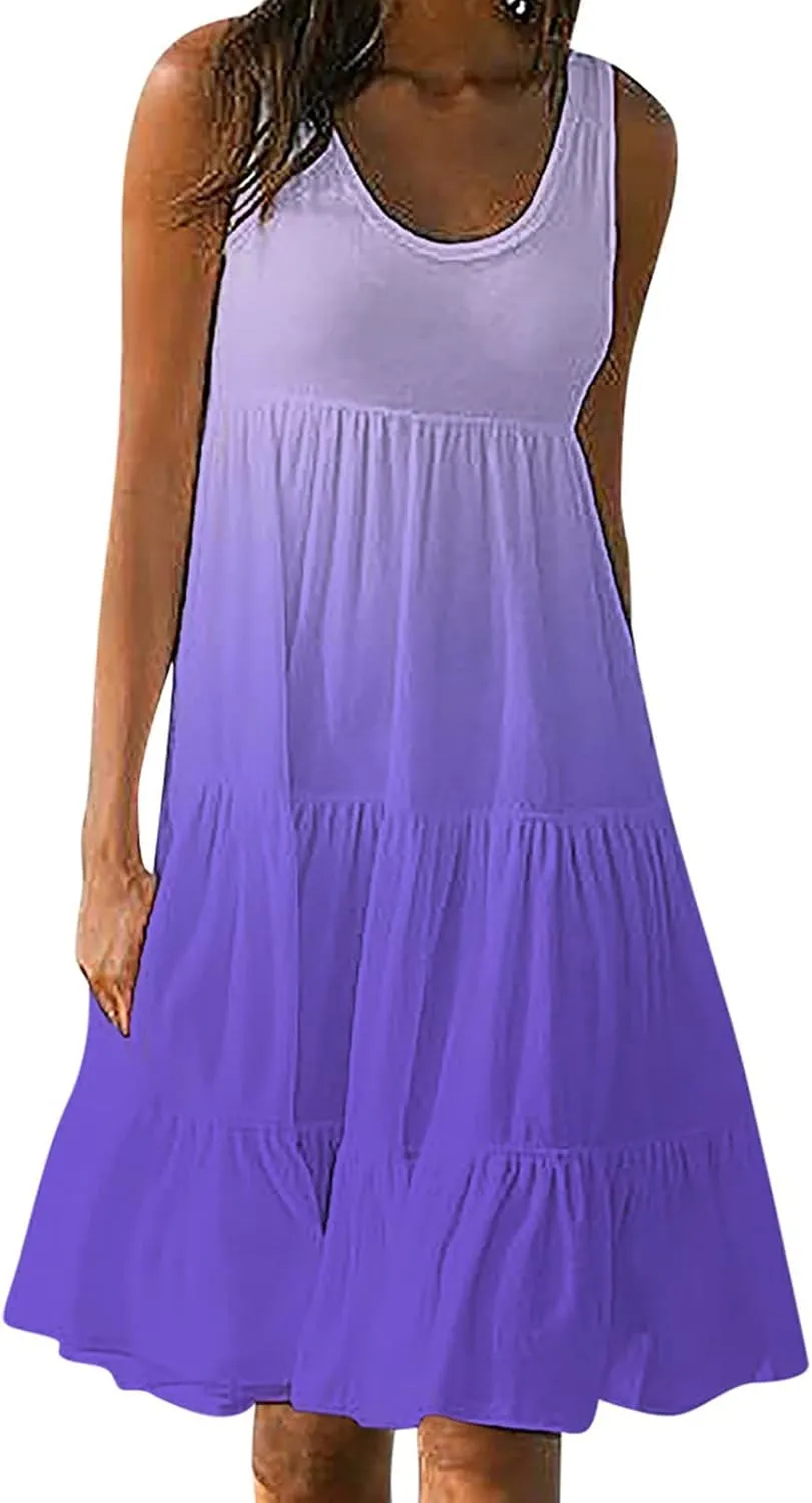 Womens Casual Dresses 2024 Loose Crew Neck Sleeveless Midi Beach Tank Dress Trendy Tie Dye Gradient Color Sundress