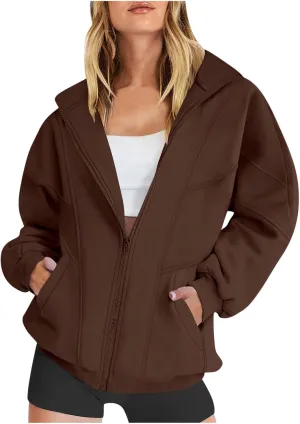 Womens Oversized Sweatshirts Jacket Zip Up Long Sleeve Fleece Y2K Jacket Pockets 2024 Fall Outfits Fashion Clothes