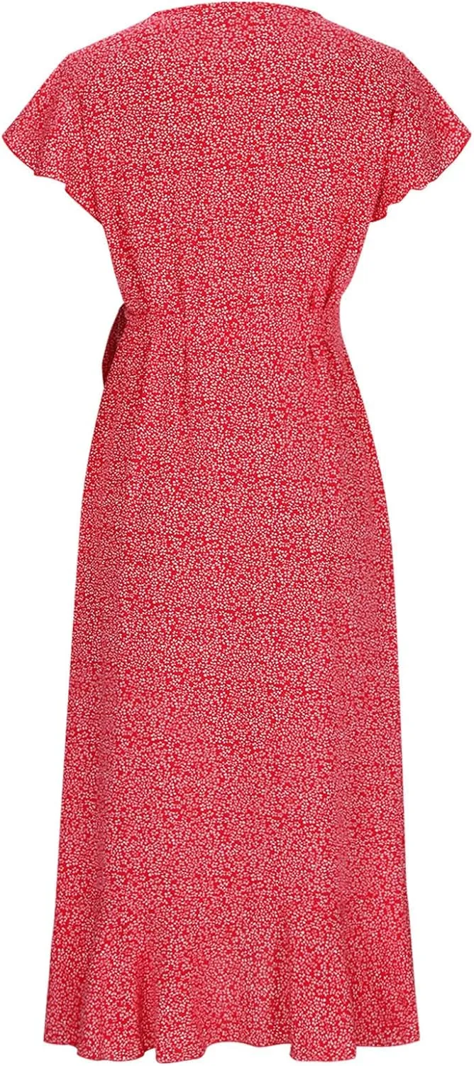 Women's Summer Wrap Dress Casual Boho Floral Short Sleeve V Neck Ruffle Hem Split Dresses Beach Wedding Long Dress