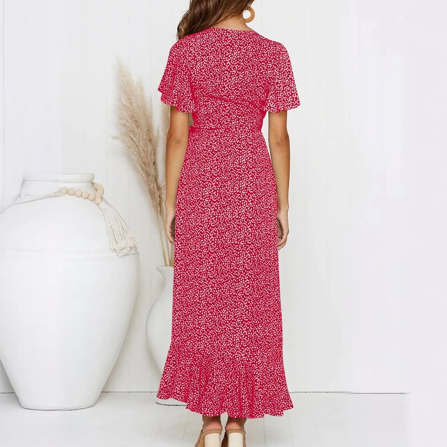 Women's Summer Wrap Dress Casual Boho Floral Short Sleeve V Neck Ruffle Hem Split Dresses Beach Wedding Long Dress