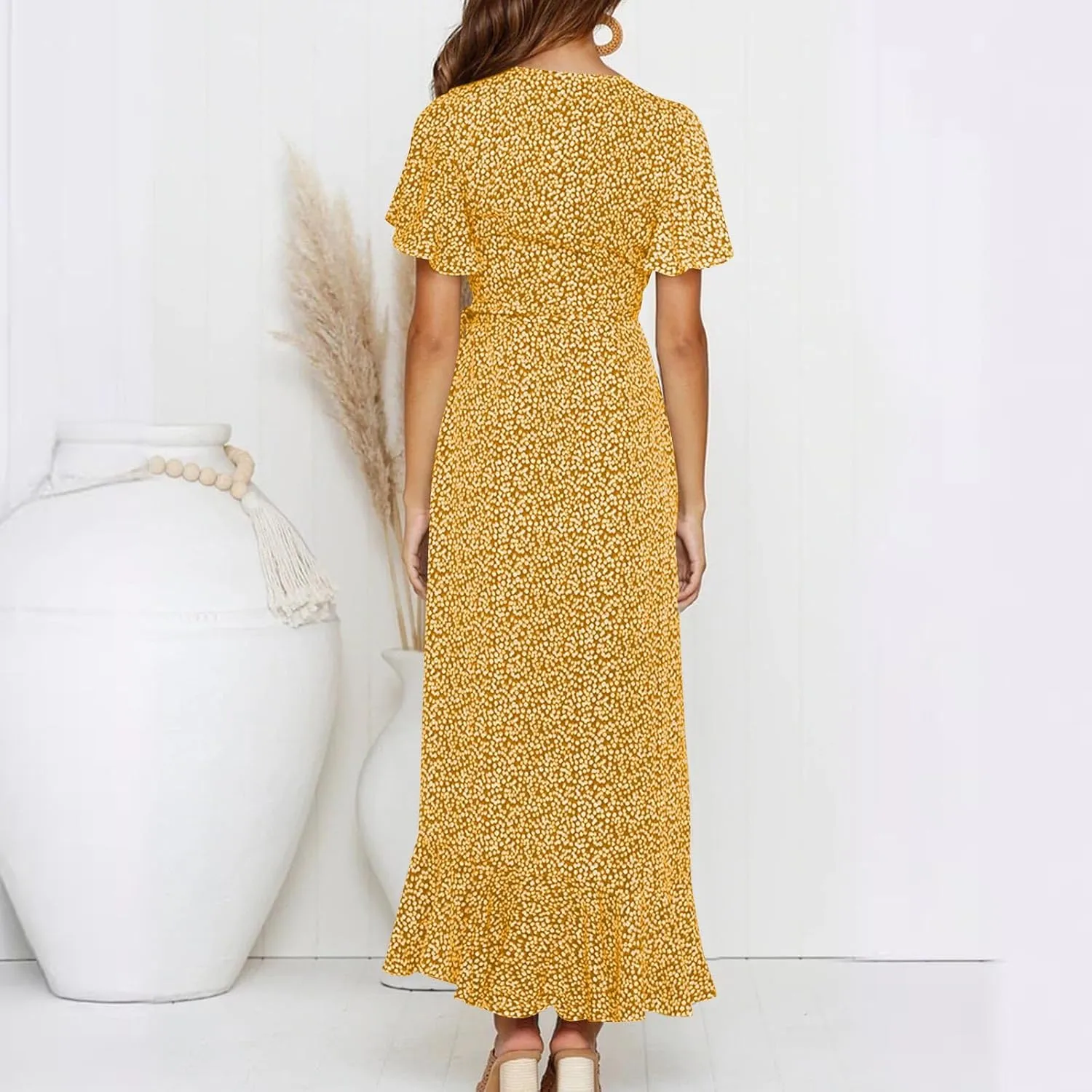 Women's Summer Wrap Dress Casual Boho Floral Short Sleeve V Neck Ruffle Hem Split Dresses Beach Wedding Long Dress