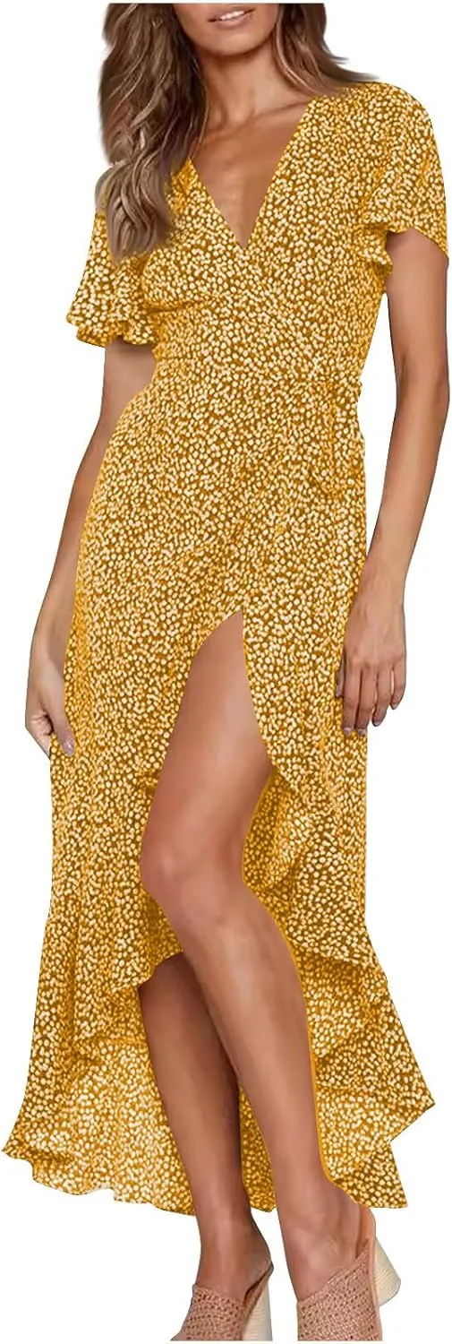 Women's Summer Wrap Dress Casual Boho Floral Short Sleeve V Neck Ruffle Hem Split Dresses Beach Wedding Long Dress
