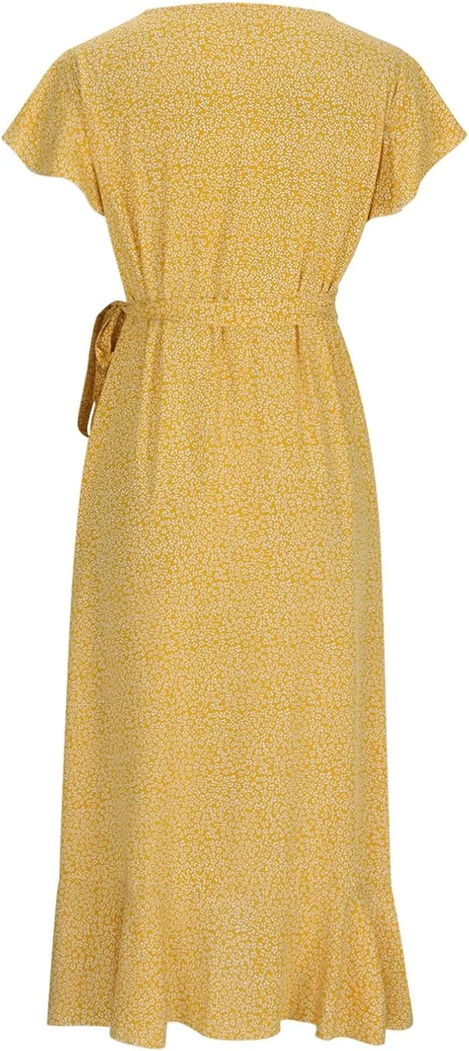 Women's Summer Wrap Dress Casual Boho Floral Short Sleeve V Neck Ruffle Hem Split Dresses Beach Wedding Long Dress