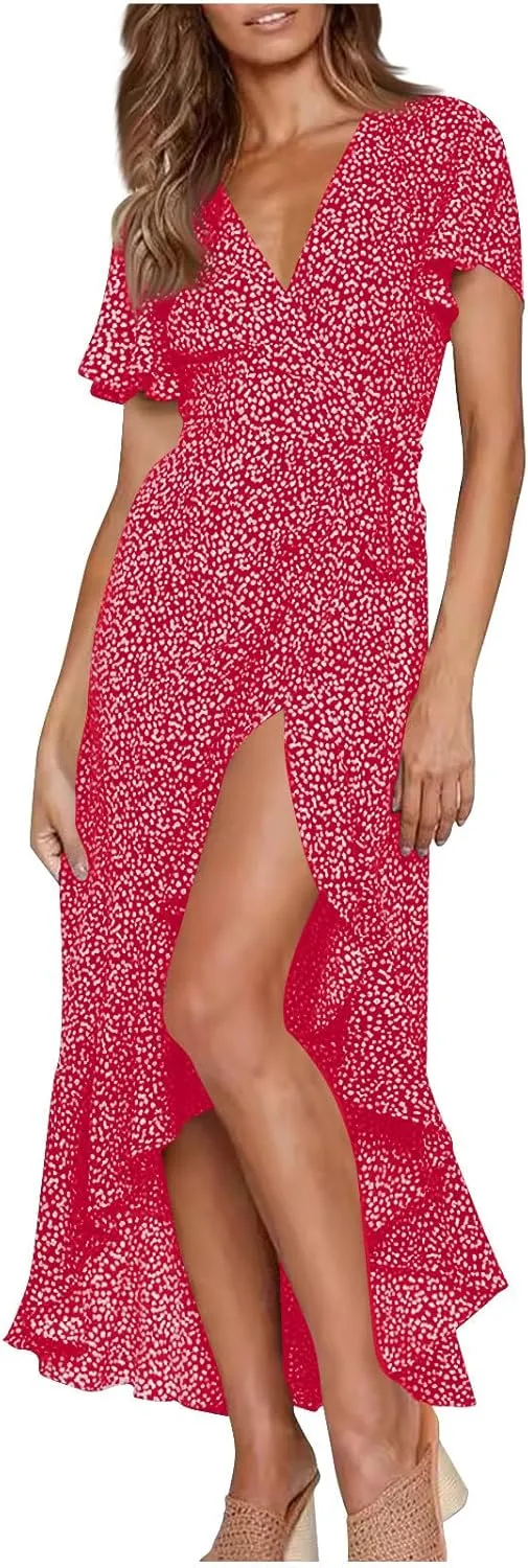 Women's Summer Wrap Dress Casual Boho Floral Short Sleeve V Neck Ruffle Hem Split Dresses Beach Wedding Long Dress