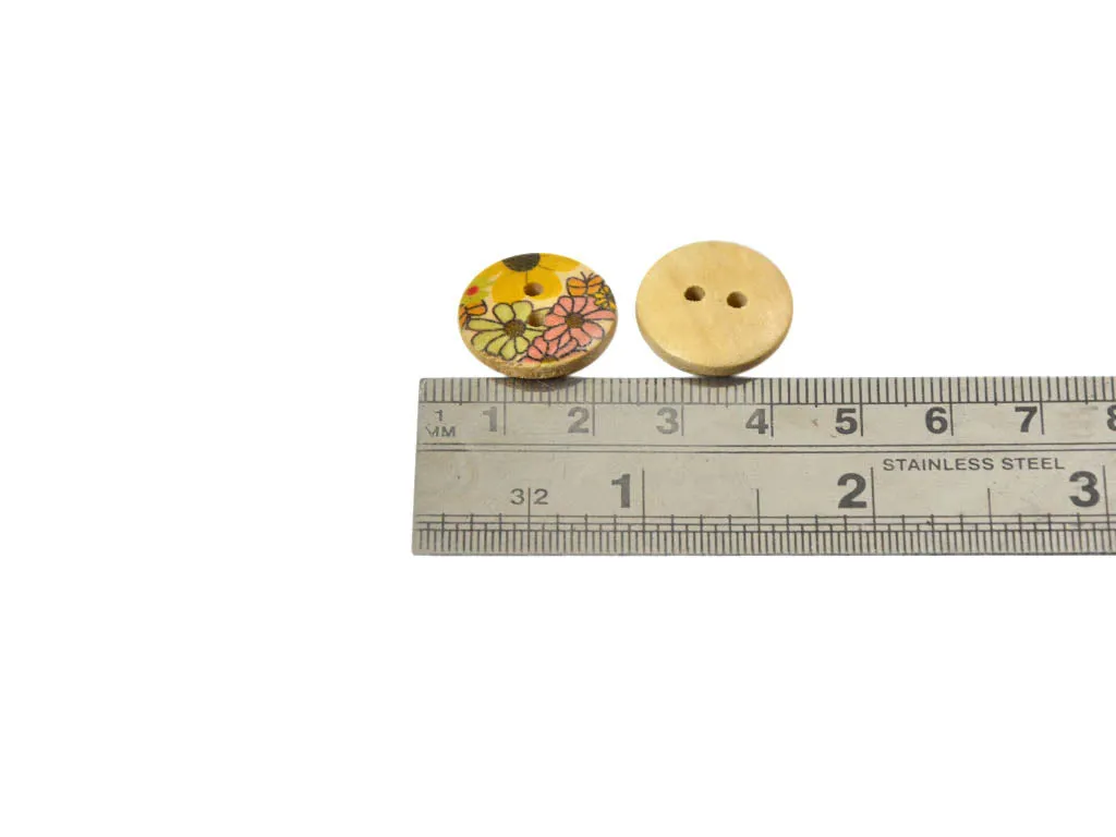 Yellow Multicolour Floral Printed 2 Hole Wooden Buttons